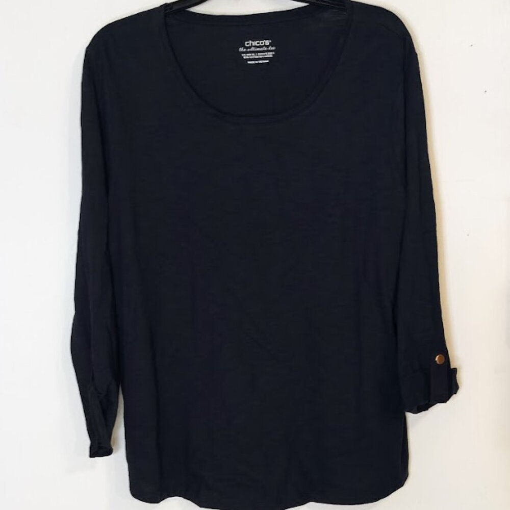 Chico's The Ultimate Tee 3/4 Sleeve Rolled Cuff Button Navy XL NWT
